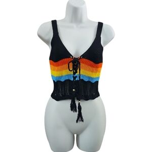 Jolie & Joy - Rainbow Crochet Black Crop Top - M